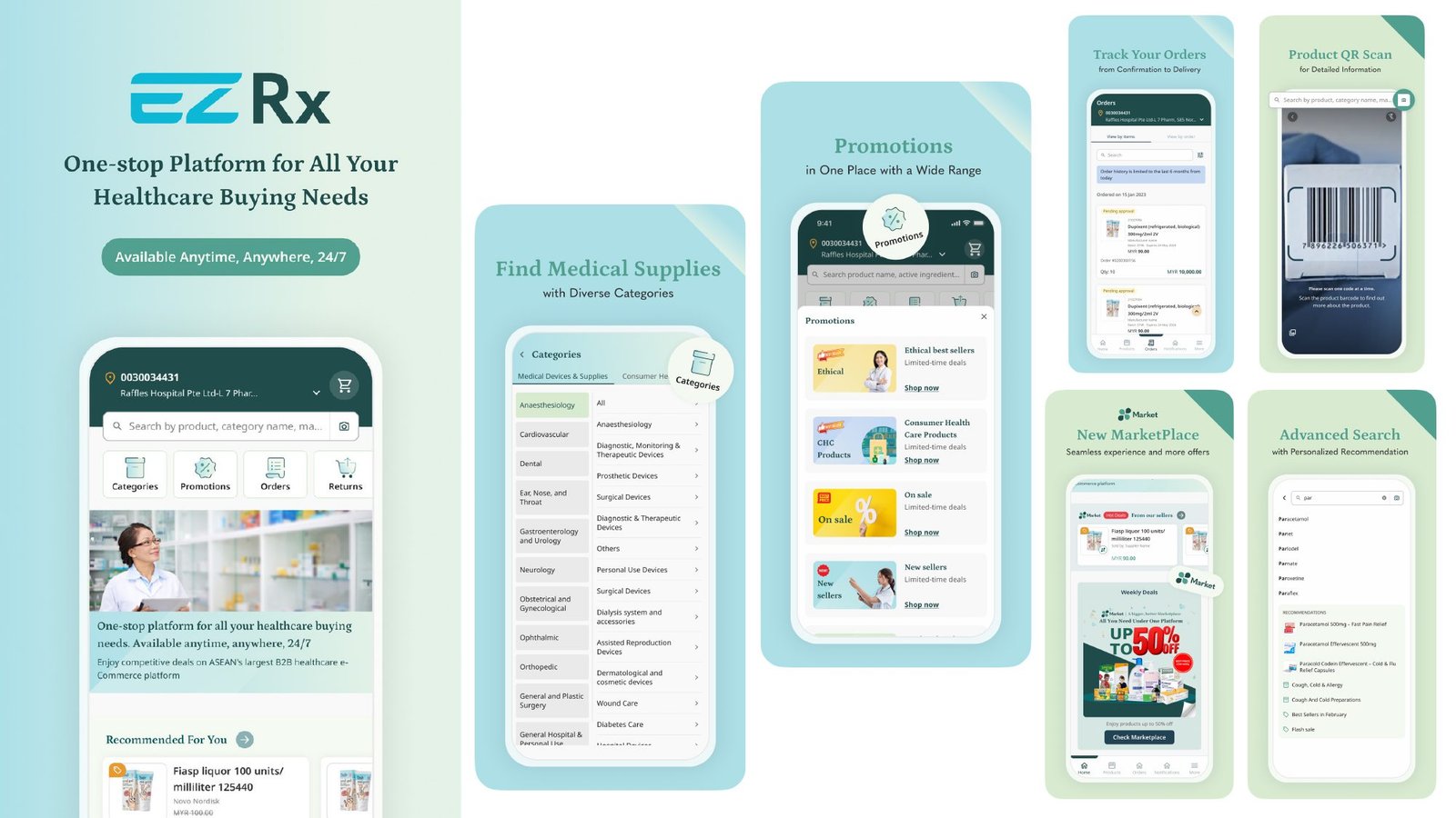 eZRx Plus mobile app screens: home, categories, promotions, order tracking, QR scan and marketplace