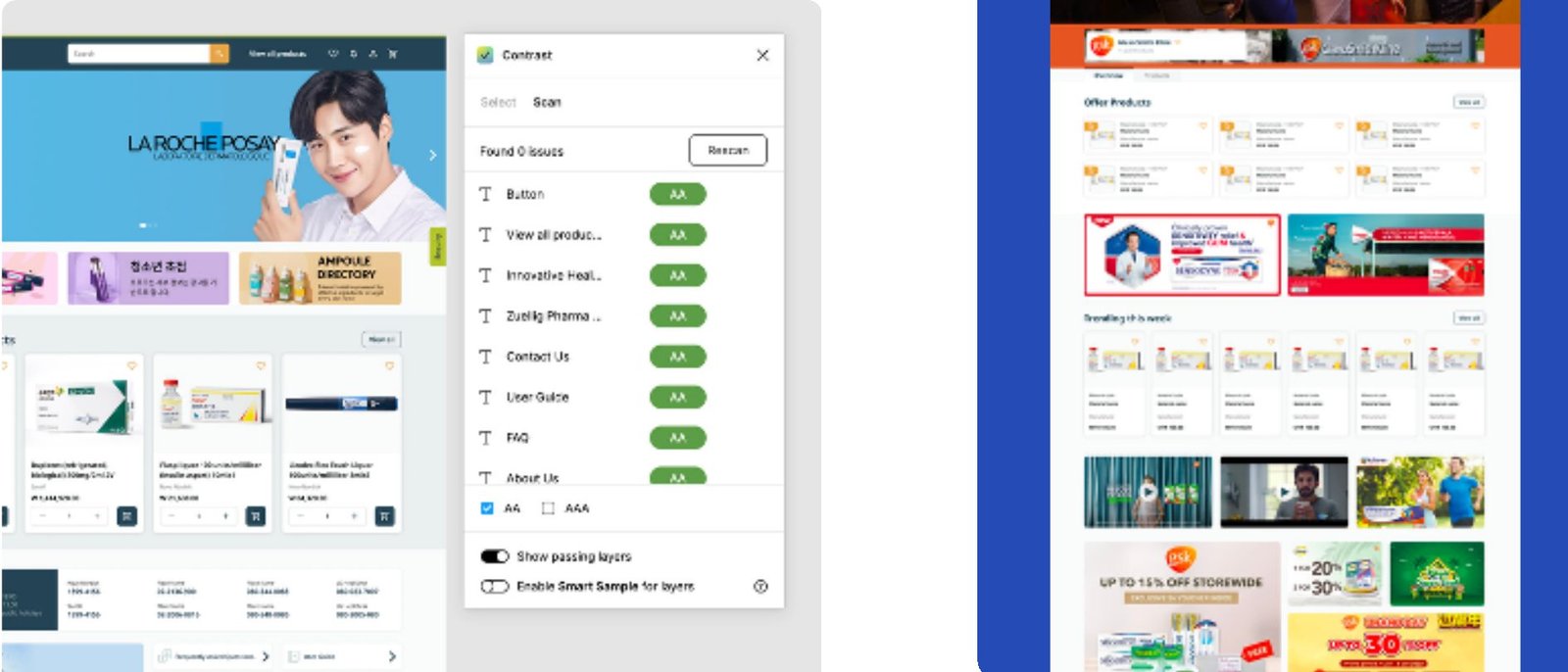 WCAG AA contrast check results alongside marketplace POC screens